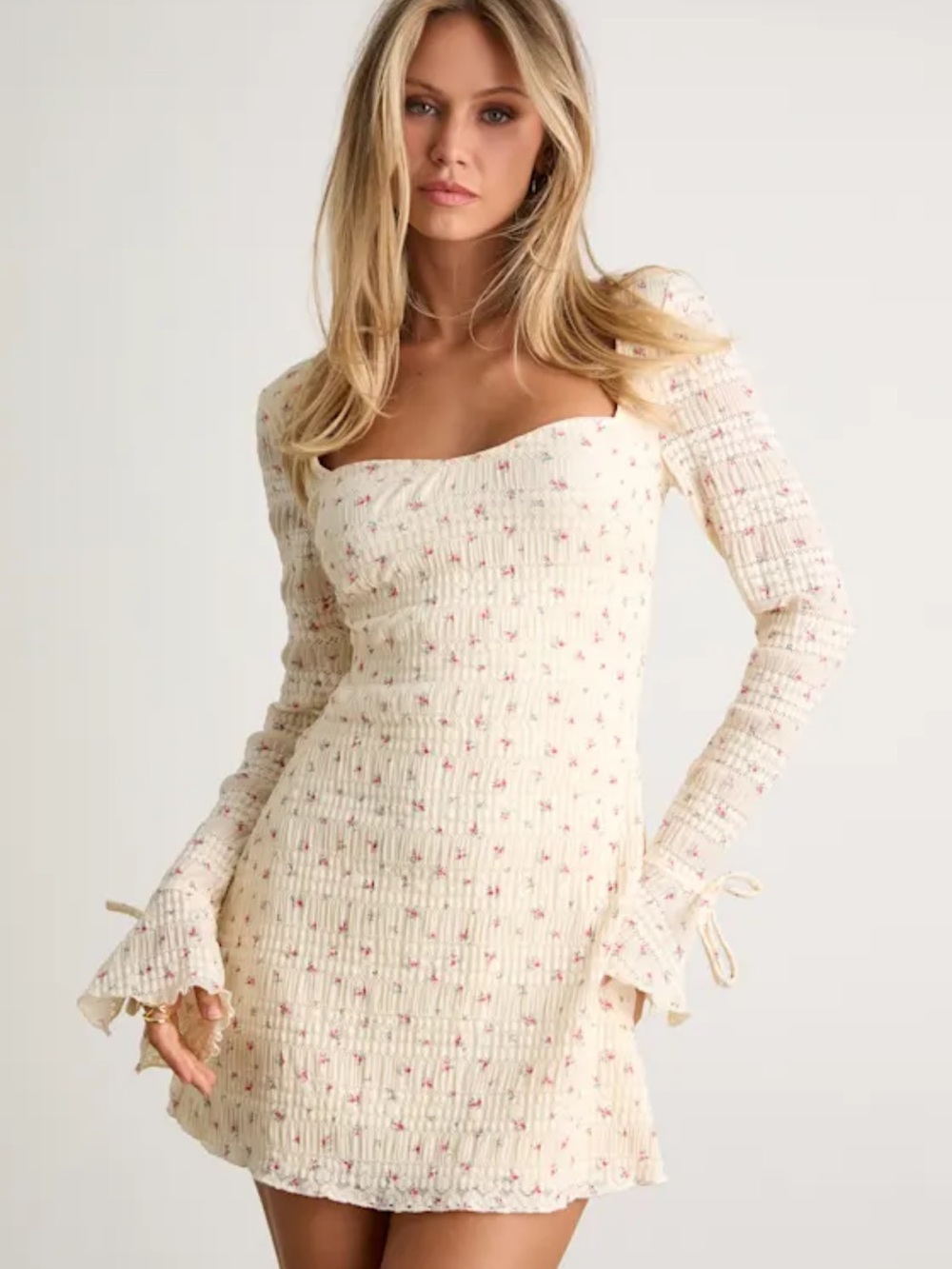 Lulus Ornella Cream Floral Textured Long Sleeve Mini Dress NWT size x small